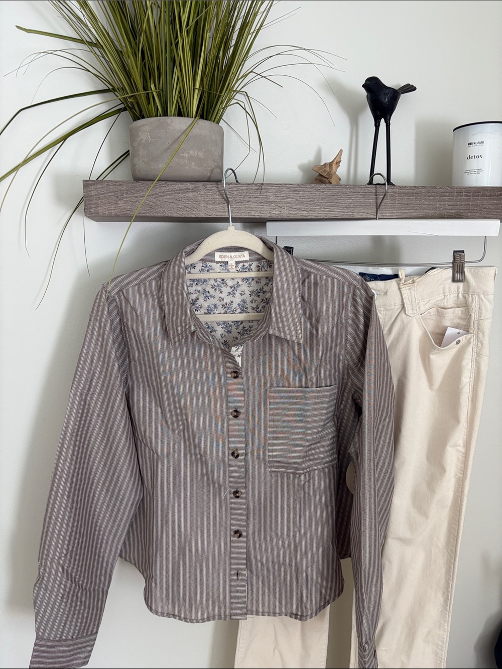 Eden & Olivia Taupe and Cream Striped Button-Down Shirt